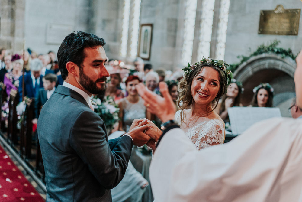 Bride Bridal Lace Long Sleeve Dress Flower Foliage Crown Grey Suit Groom Alrewas Hayes Wedding David Boynton Photography