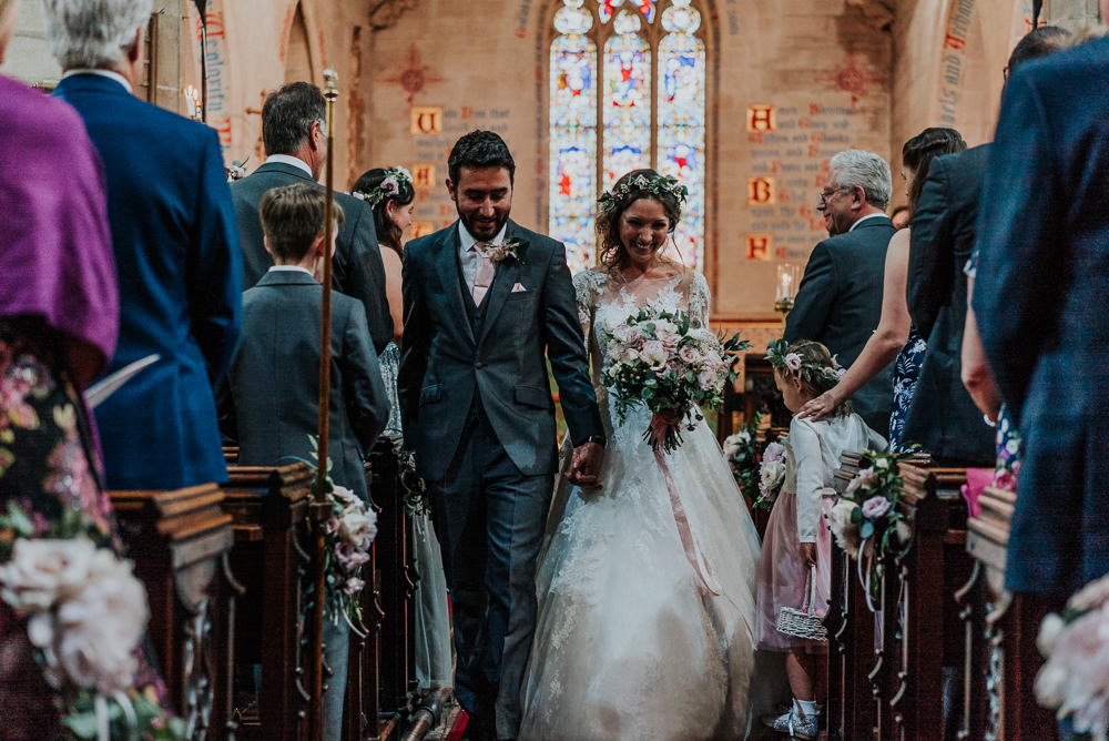 Bride Bridal Lace Long Sleeve Dress Flower Foliage Crown Grey Suit Groom Peony Anemone Bouquet Alrewas Hayes Wedding David Boynton Photography