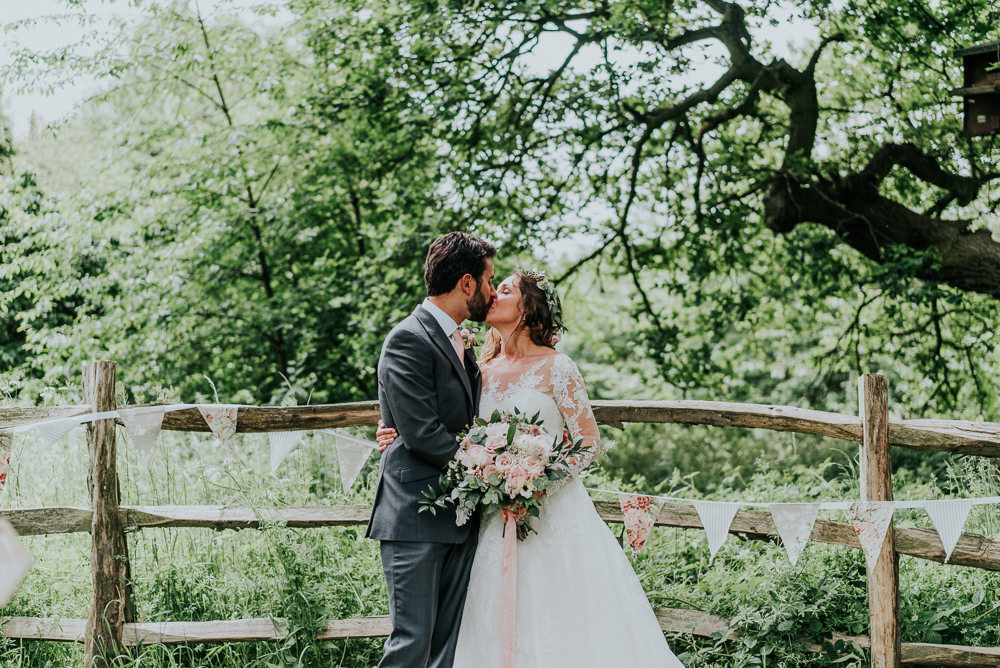 Bride Bridal Lace Long Sleeve Dress Flower Foliage Crown Grey Suit Groom Peony Anemone Bouquet Alrewas Hayes Wedding David Boynton Photography