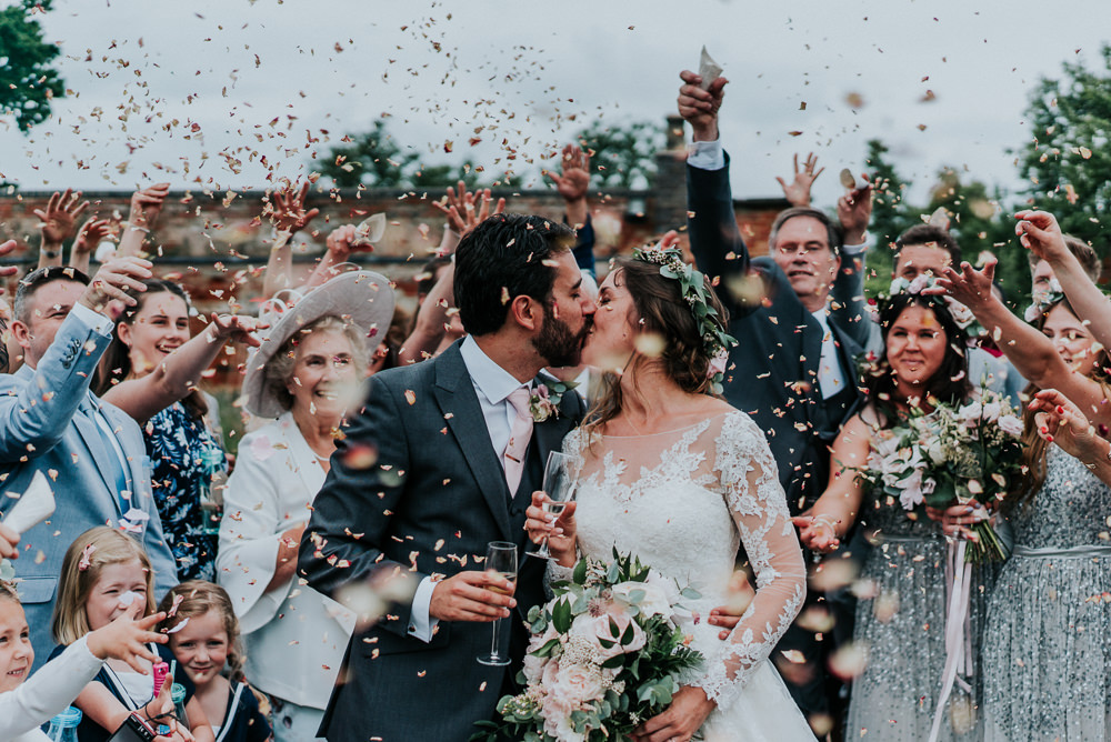 Bride Bridal Lace Long Sleeve Dress Flower Foliage Crown Grey Suit Groom Confetti Alrewas Hayes Wedding David Boynton Photography