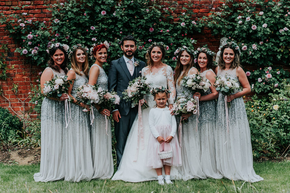 Bride Bridal Lace Long Sleeve Dress Flower Foliage Crown Grey Suit Groom Flower Girl Sparkly Sequin Grey Green Bridesmaids Alrewas Hayes Wedding David Boynton Photography