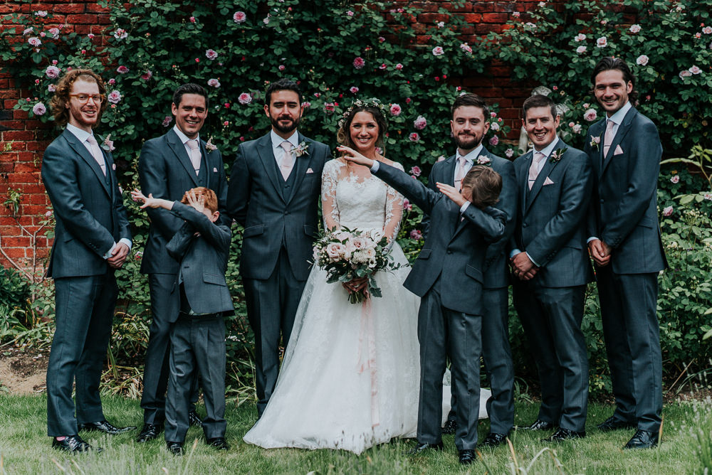 Bride Bridal Lace Long Sleeve Dress Flower Foliage Crown Grey Suit Groom Groomsmen Pink Tie Alrewas Hayes Wedding David Boynton Photography