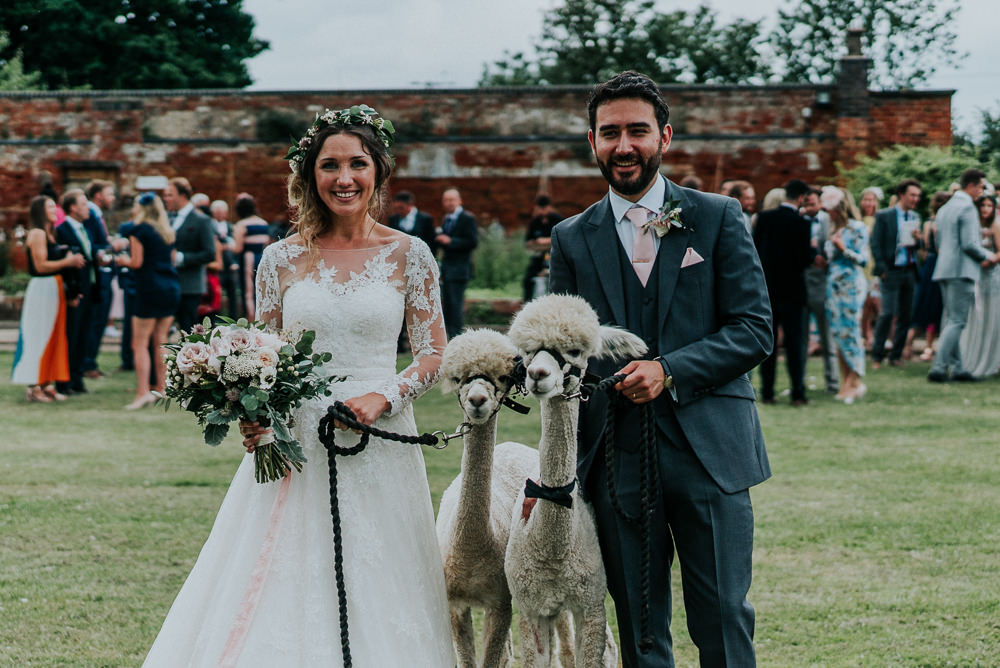 Bride Bridal Lace Long Sleeve Dress Flower Foliage Crown Grey Suit Groom Waistcoat Alpacas Alrewas Hayes Wedding David Boynton Photography