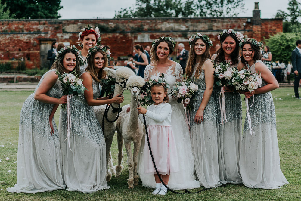 Bride Bridal Lace Long Sleeve Dress Flower Foliage Crown Grey Suit Groom Flower Girl Sparkly Sequin Grey Green Bridesmaids Alpacas Alrewas Hayes Wedding David Boynton Photography