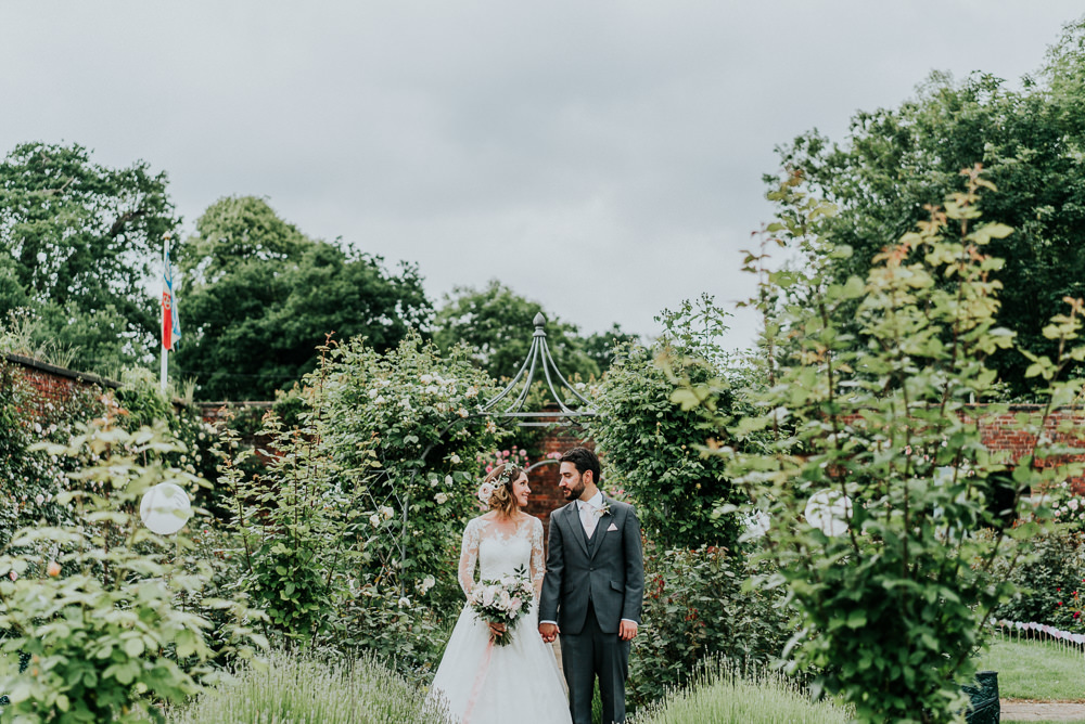 Bride Bridal Lace Long Sleeve Dress Flower Foliage Crown Grey Suit Groom Alrewas Hayes Wedding David Boynton Photography