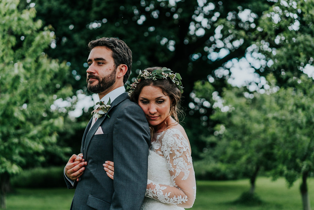 Bride Bridal Lace Long Sleeve Dress Flower Foliage Crown Grey Suit Groom Alrewas Hayes Wedding David Boynton Photography