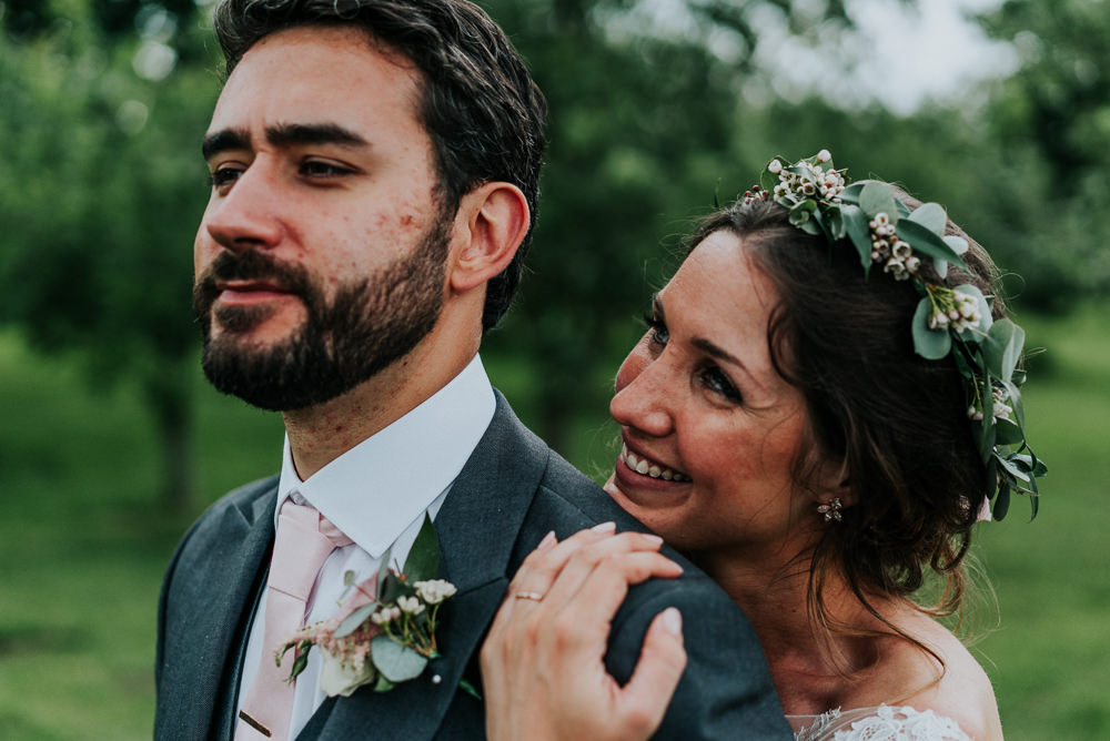Bride Bridal Lace Long Sleeve Dress Flower Foliage Crown Grey Suit Groom Alrewas Hayes Wedding David Boynton Photography