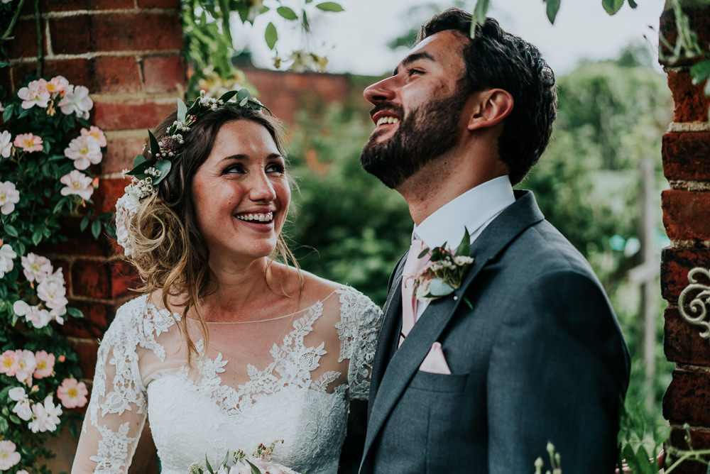 Bride Bridal Lace Long Sleeve Dress Flower Foliage Crown Grey Suit Groom Alrewas Hayes Wedding David Boynton Photography