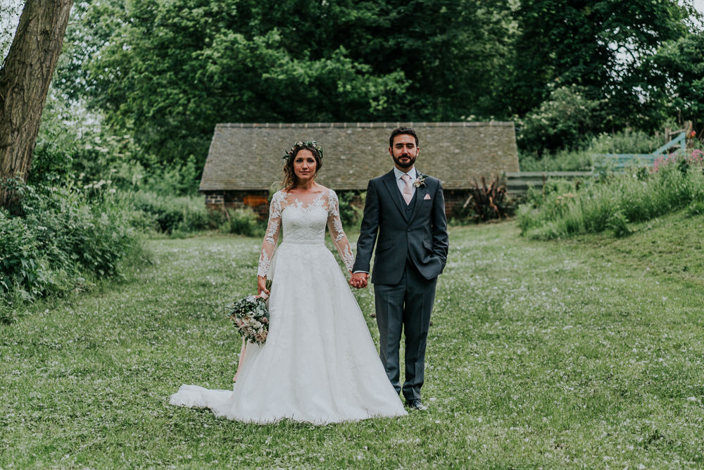 Bride Bridal Lace Long Sleeve Dress Flower Foliage Crown Grey Suit Groom Alrewas Hayes Wedding David Boynton Photography