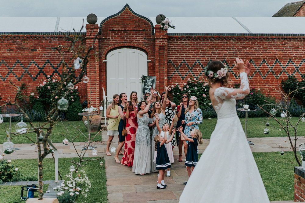 Bride Bridal Lace Long Sleeve Dress Flower Foliage Crown Bouquet Throwing Alrewas Hayes Wedding David Boynton Photography