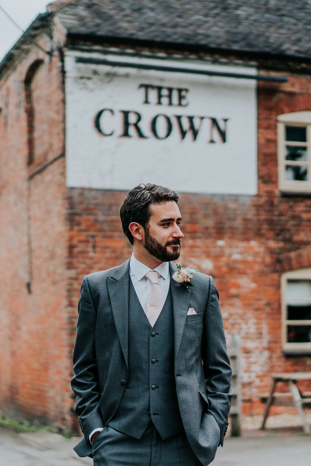 Grey Three Piece Suit Waistcoat Groom Pink Tie Alrewas Hayes Wedding David Boynton Photography