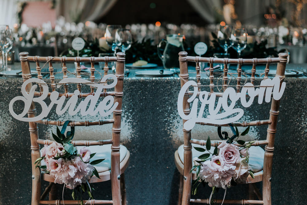 Chair Sign Back Bride Groom Laser Cut Flowers Floral Alrewas Hayes Wedding David Boynton Photography