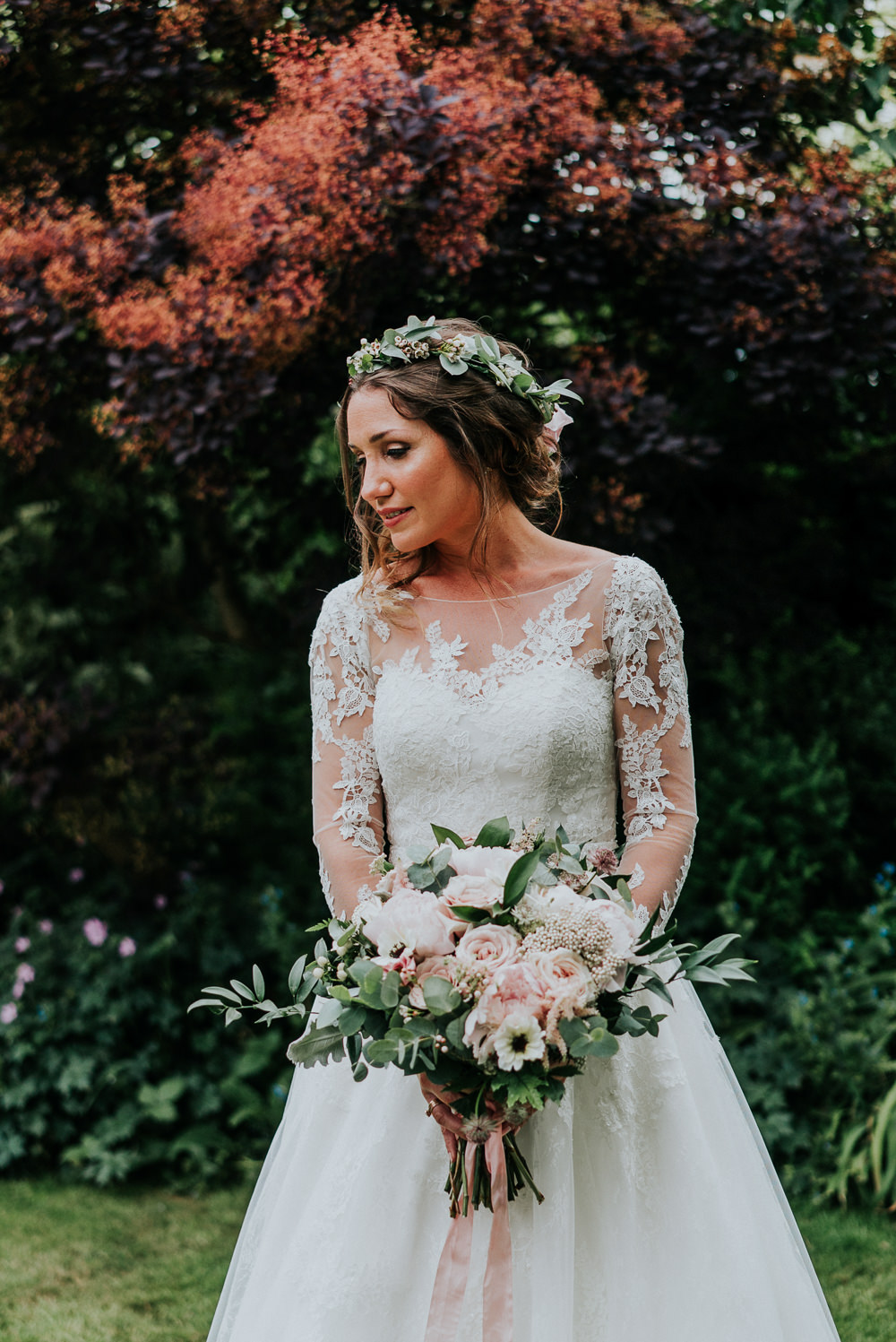 Bride Bridal Lace Long Sleeve Dress Flower Foliage Crown Peony Anemone Bouquet Alrewas Hayes Wedding David Boynton Photography
