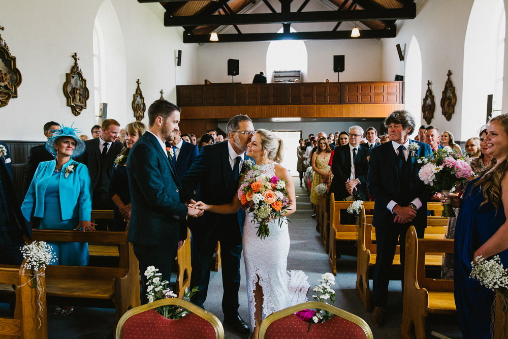 Bride Bridal Grace Loves Lace Dress Halter Neck Long Train Short Front Asymmetric Three Piece Navy Suit Groom Multicoloured Bouquet Anna Carriga Wedding Honey and the Moon Photography