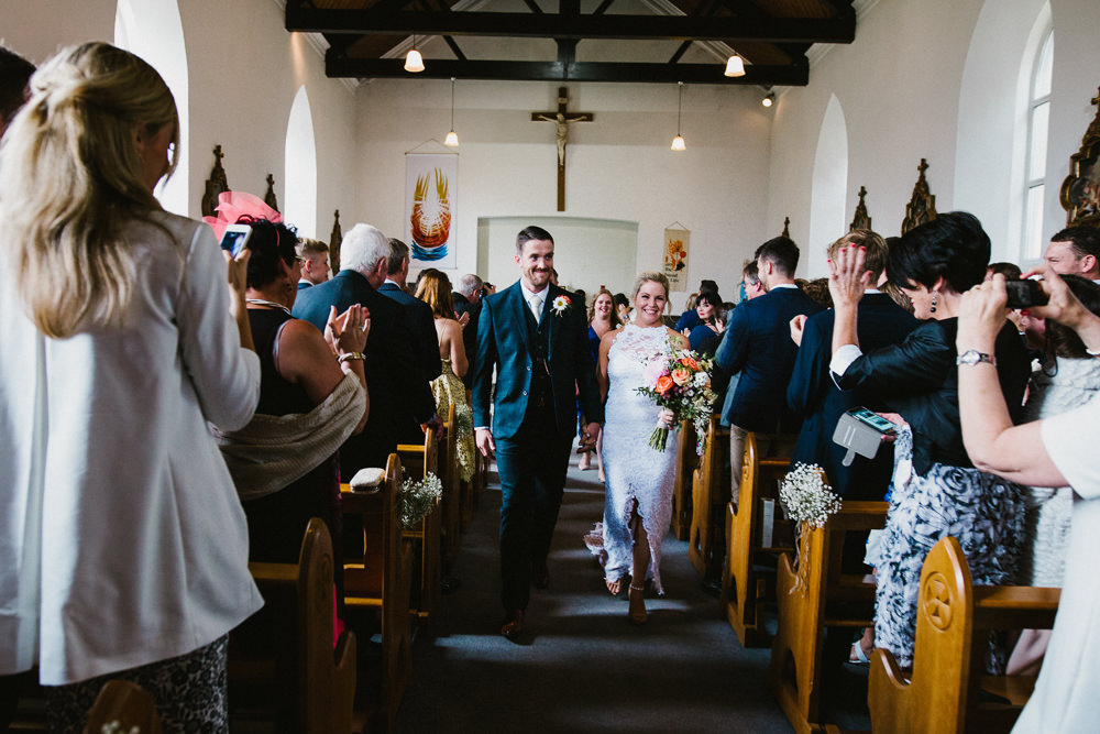 Bride Bridal Grace Loves Lace Dress Halter Neck Long Train Short Front Asymmetric Three Piece Navy Suit Groom Multicoloured Bouquet Anna Carriga Wedding Honey and the Moon Photography