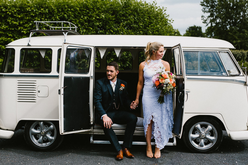 Bride Bridal Grace Loves Lace Dress Halter Neck Long Train Short Front Asymmetric Three Piece Navy Suit Groom Multicoloured Bouquet VW Campervan Anna Carriga Wedding Honey and the Moon Photography