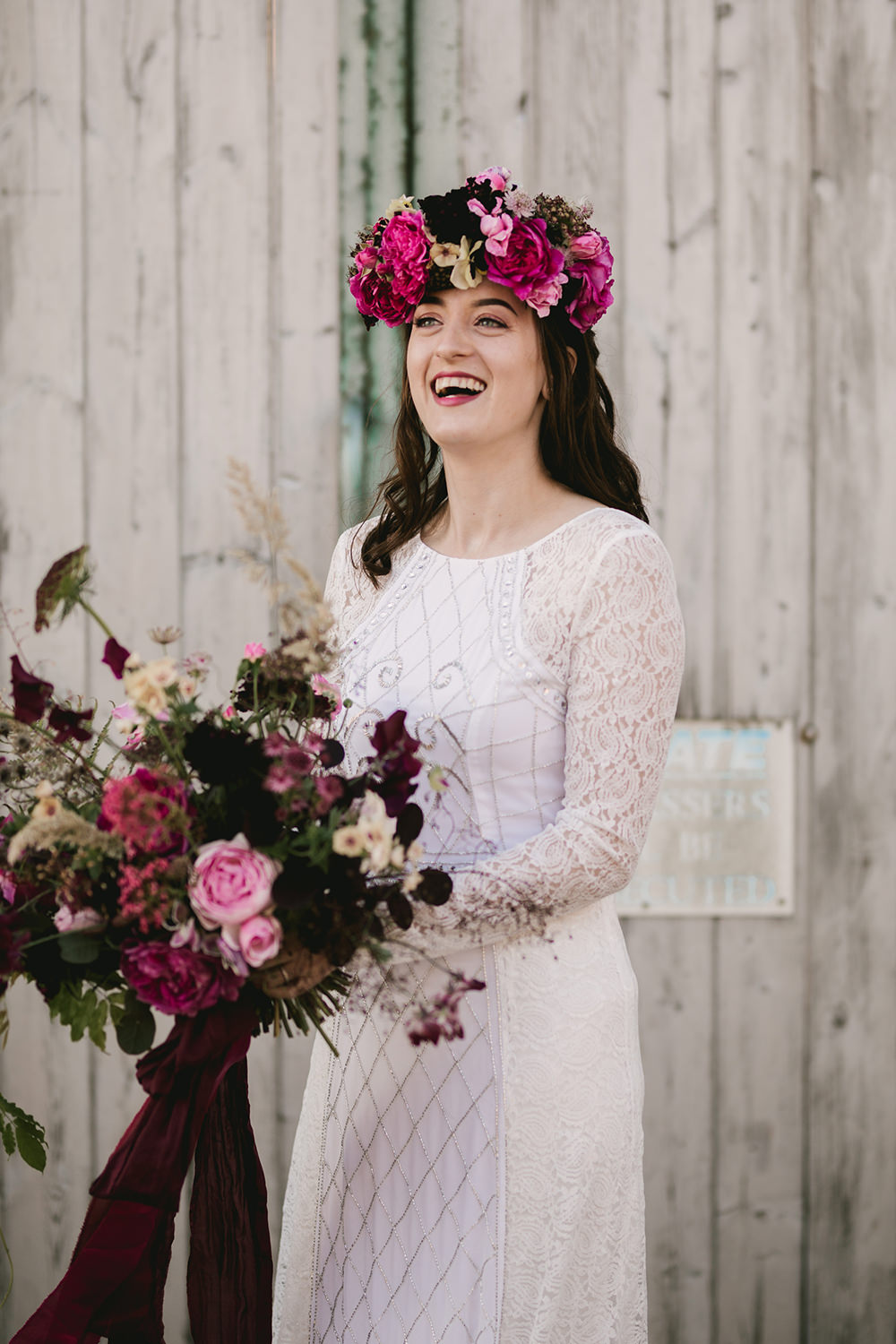 Bouquet Flowers Bride Bridal Dark Red Burgundy Marsala Oxblood Pink Magenta Crown Ribbons Fern Peony Peonies Rose Antique Moody Floral Farm Wedding Ideas Jemma King Photography