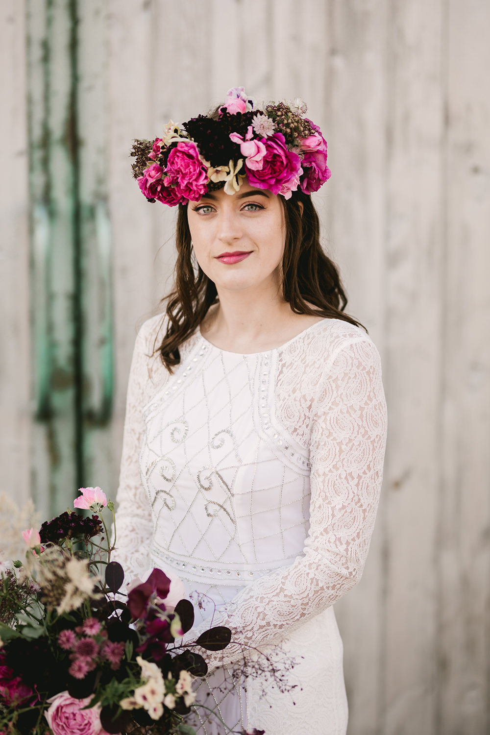 Bouquet Flowers Bride Bridal Dark Red Burgundy Marsala Oxblood Pink Magenta Crown Ribbons Fern Peony Peonies Rose Antique Moody Floral Farm Wedding Ideas Jemma King Photography