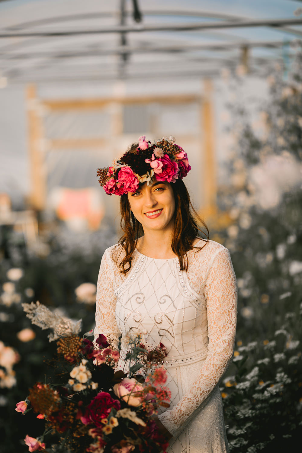 Bouquet Flowers Bride Bridal Dark Red Burgundy Marsala Oxblood Pink Magenta Crown Ribbons Fern Peony Peonies Rose Antique Moody Floral Farm Wedding Ideas Jemma King Photography
