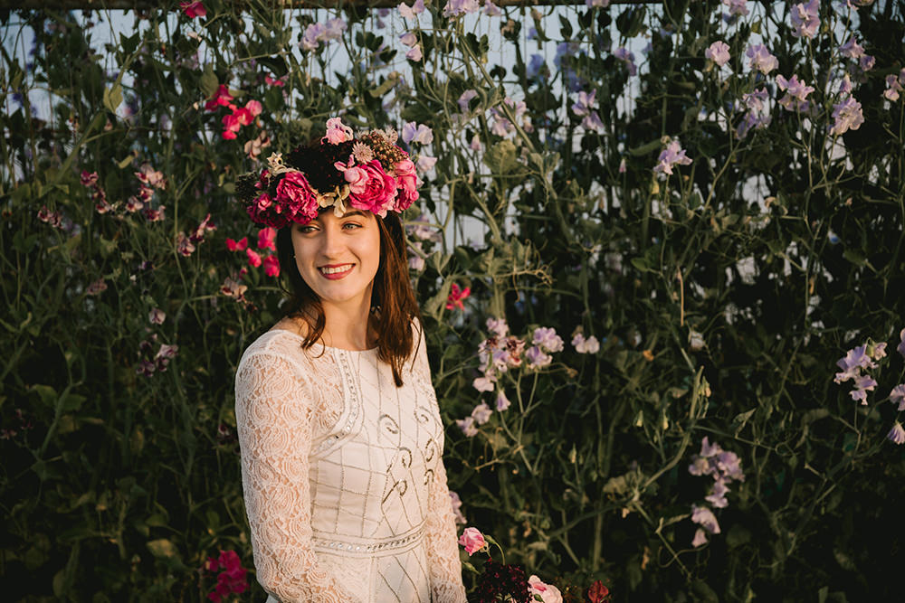 Bouquet Flowers Bride Bridal Dark Red Burgundy Marsala Oxblood Pink Magenta Crown Ribbons Fern Peony Peonies Rose Antique Moody Floral Farm Wedding Ideas Jemma King Photography