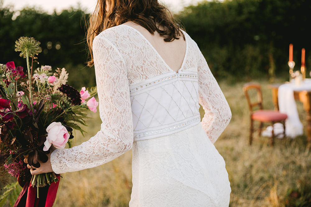 Dress Gown Bride Bridal Boho Bohemian Lace Sleeves Antique Moody Floral Farm Wedding Ideas Jemma King Photography