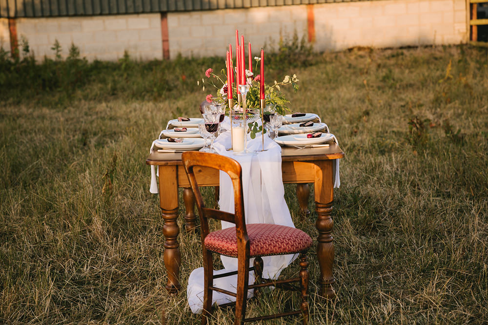 Tablescape Wooden Rustic Table Fabric Runner Cloth Flowers Candles Napkins Fruit Antique Moody Floral Farm Wedding Ideas Jemma King Photography