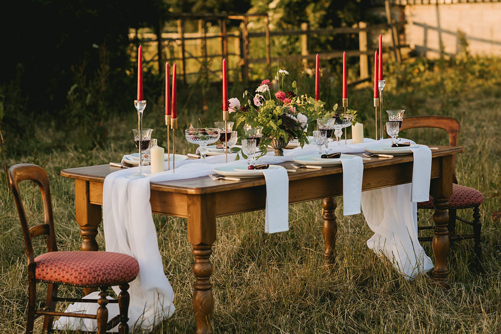 Tablescape Wooden Rustic Table Fabric Runner Cloth Flowers Candles Napkins Fruit Antique Moody Floral Farm Wedding Ideas Jemma King Photography