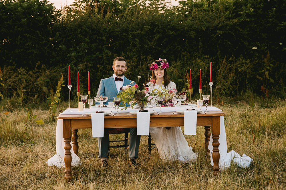 Tablescape Wooden Rustic Table Fabric Runner Cloth Flowers Candles Napkins Fruit Antique Moody Floral Farm Wedding Ideas Jemma King Photography