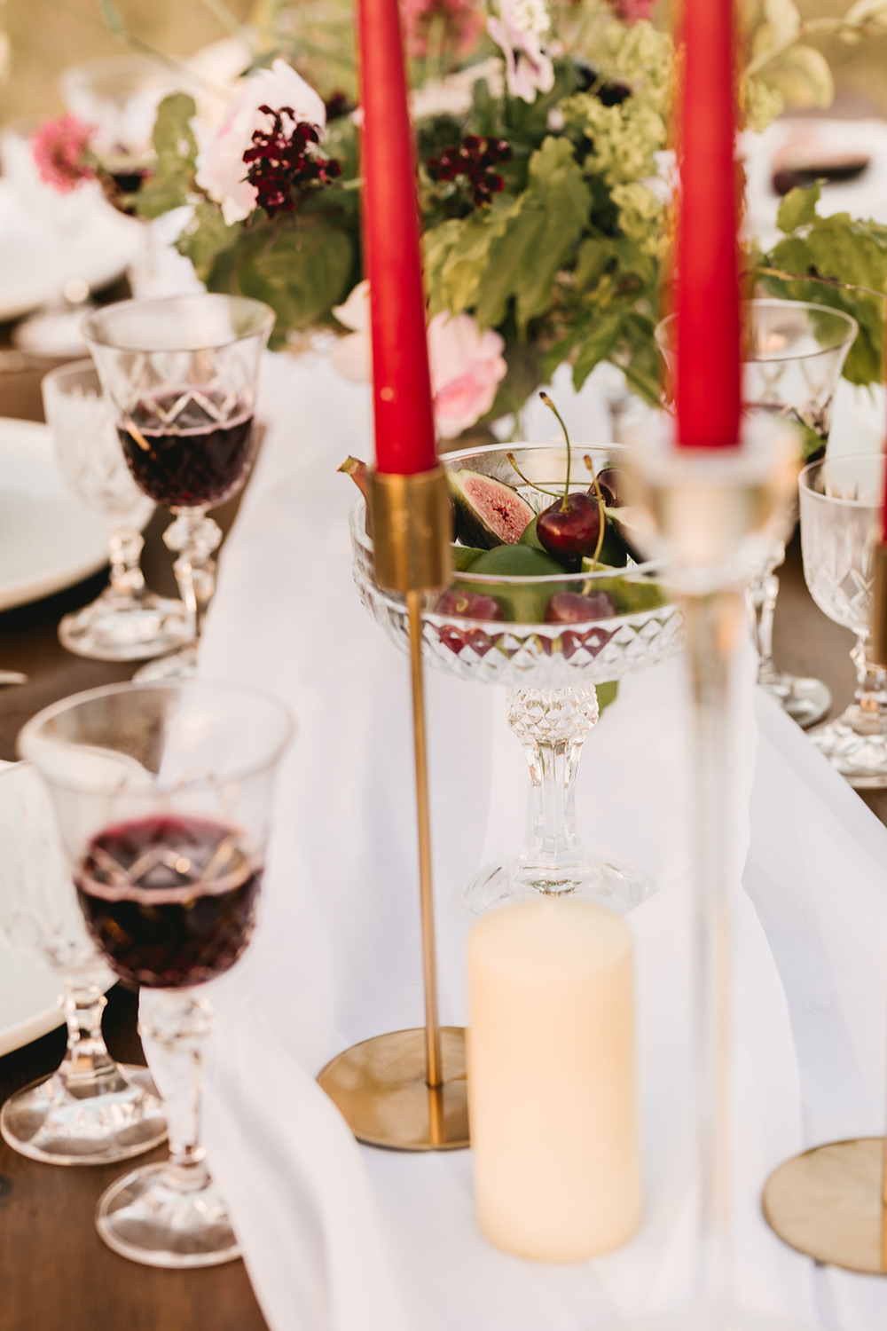 Tablescape Wooden Rustic Table Fabric Runner Cloth Flowers Candles Napkins Fruit Antique Moody Floral Farm Wedding Ideas Jemma King Photography
