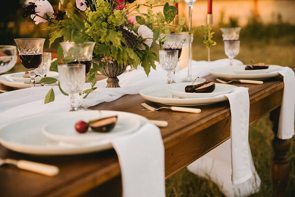 Tablescape Wooden Rustic Table Fabric Runner Cloth Flowers Candles Napkins Fruit Antique Moody Floral Farm Wedding Ideas Jemma King Photography