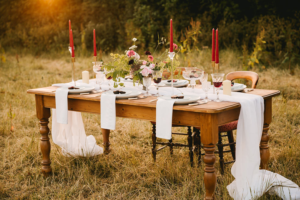 Tablescape Wooden Rustic Table Fabric Runner Cloth Flowers Candles Napkins Fruit Antique Moody Floral Farm Wedding Ideas Jemma King Photography