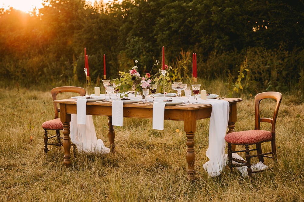Tablescape Wooden Rustic Table Fabric Runner Cloth Flowers Candles Napkins Fruit Antique Moody Floral Farm Wedding Ideas Jemma King Photography