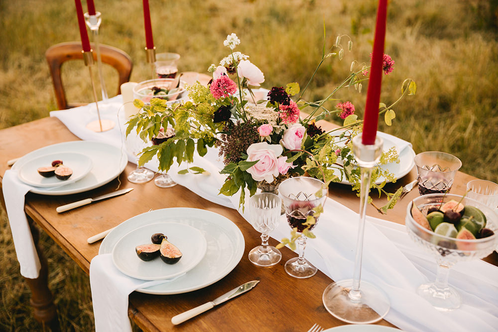 Tablescape Wooden Rustic Table Fabric Runner Cloth Flowers Candles Napkins Fruit Centrepiece Antique Moody Floral Farm Wedding Ideas Jemma King Photography