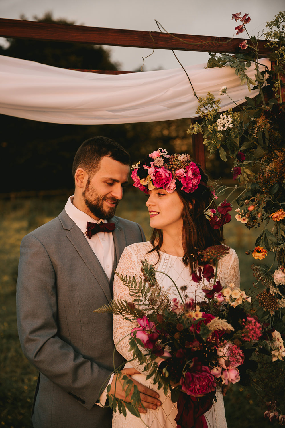 Flower Arch Backdrop Flowers Dark Red Burgundy Marsala Oxblood Pink Magenta Fabric Wooden Peony Peonies Rose Antique Moody Floral Farm Wedding Ideas Jemma King Photography