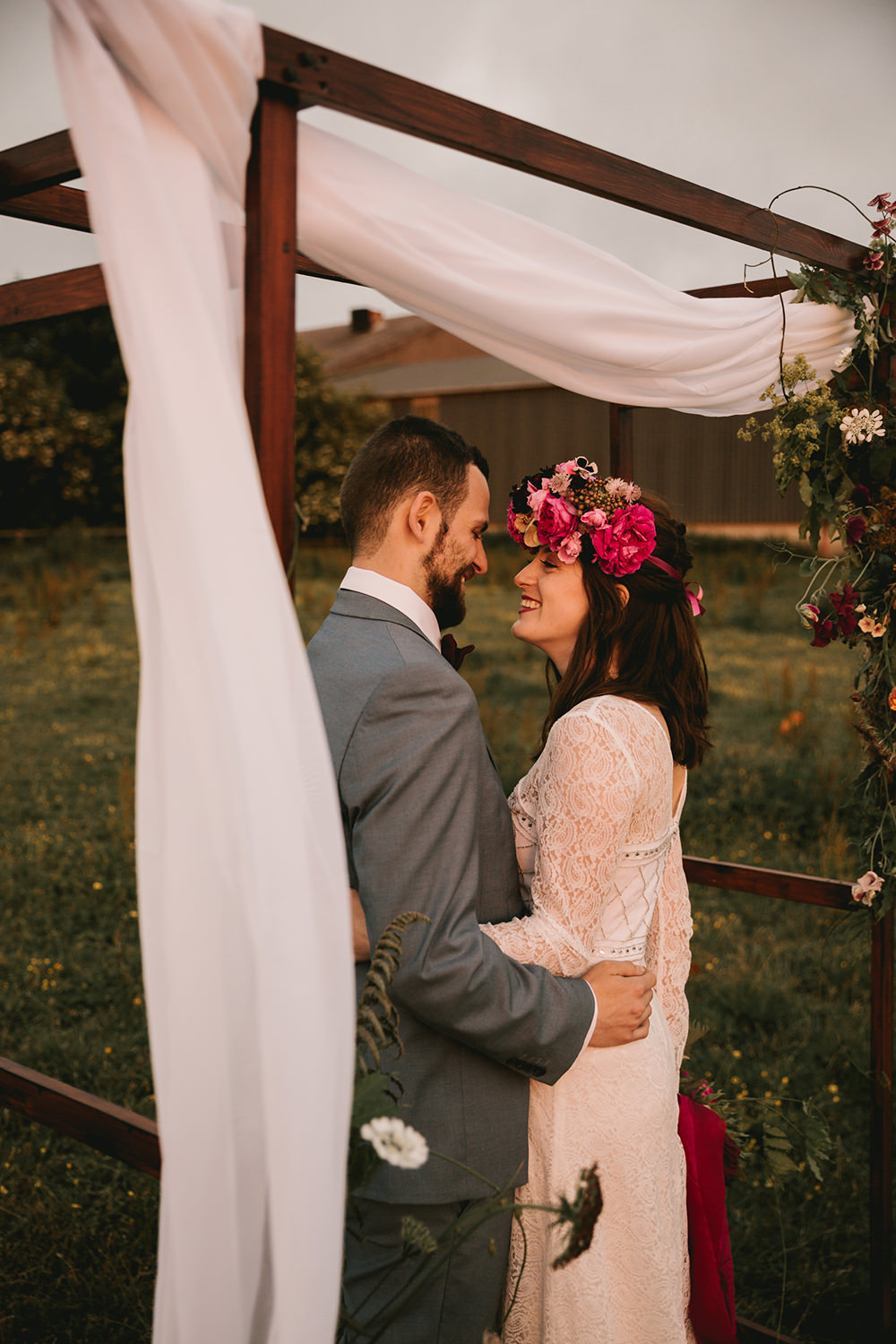 Flower Arch Backdrop Flowers Dark Red Burgundy Marsala Oxblood Pink Magenta Fabric Wooden Peony Peonies Rose Antique Moody Floral Farm Wedding Ideas Jemma King Photography