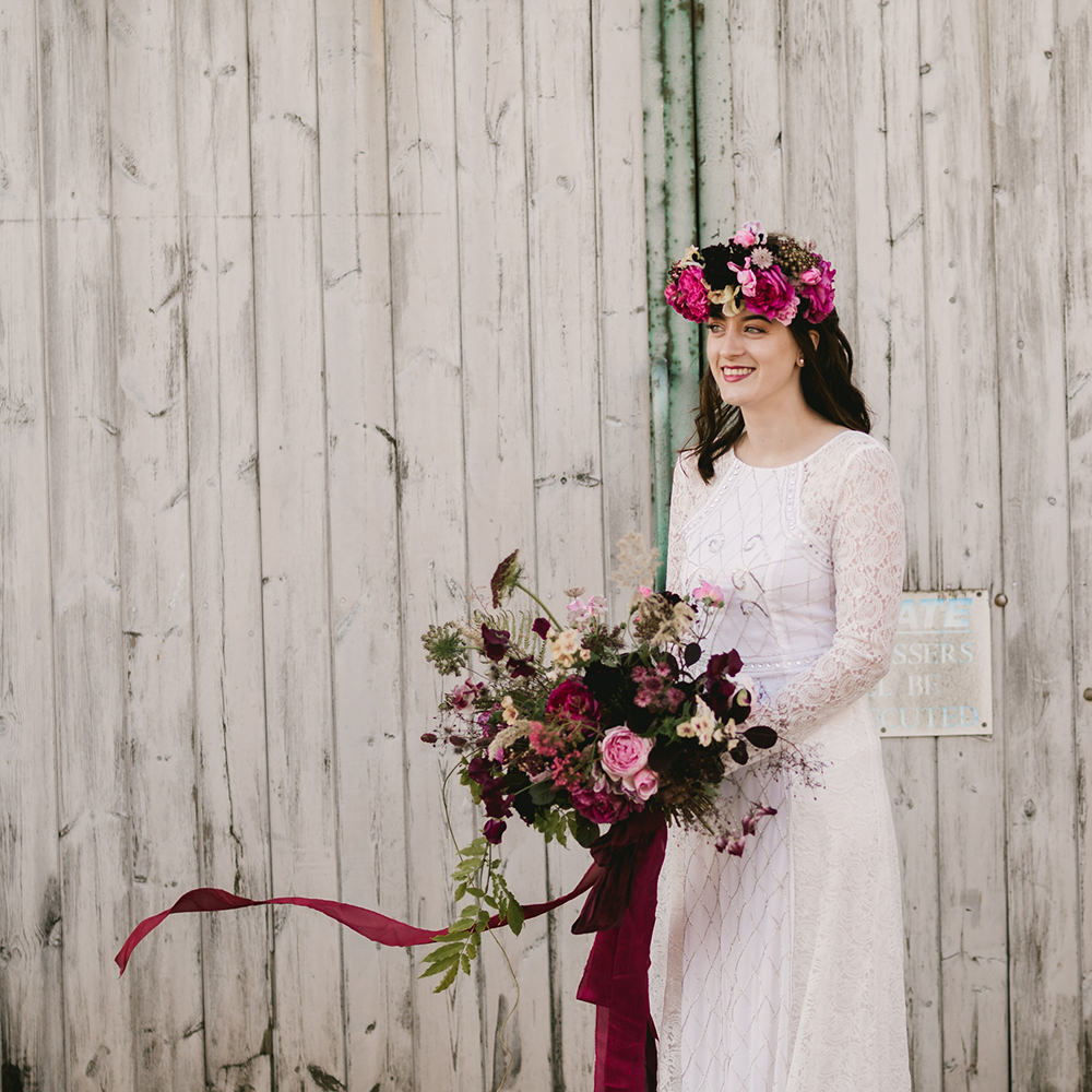 Bouquet Flowers Bride Bridal Dark Red Burgundy Marsala Oxblood Pink Magenta Crown Ribbons Fern Peony Peonies Rose Antique Moody Floral Farm Wedding Ideas Jemma King Photography