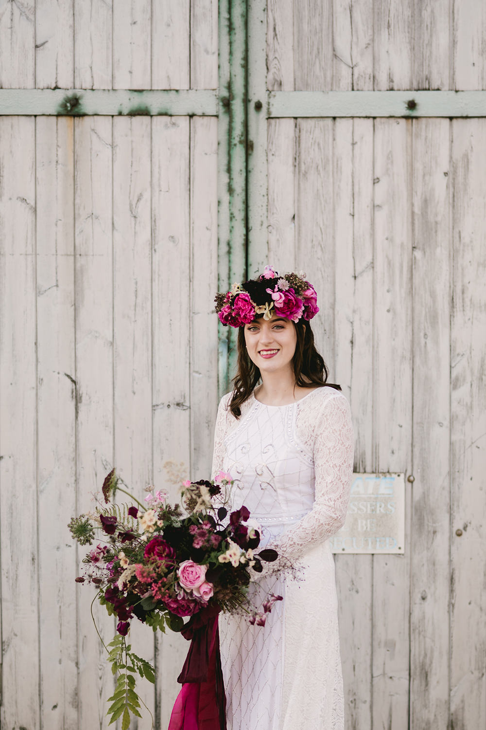 Bouquet Flowers Bride Bridal Dark Red Burgundy Marsala Oxblood Pink Magenta Crown Ribbons Fern Peony Peonies Rose Antique Moody Floral Farm Wedding Ideas Jemma King Photography