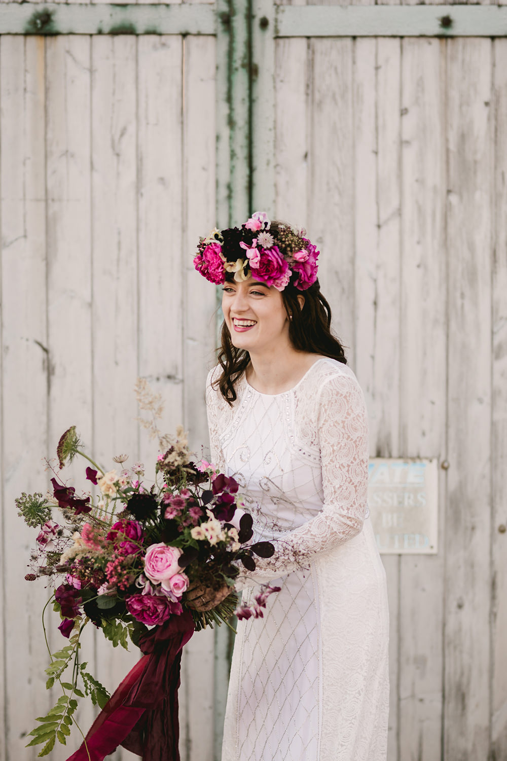 Dress Gown Bride Bridal Boho Bohemian Lace Sleeves Antique Moody Floral Farm Wedding Ideas Jemma King Photography