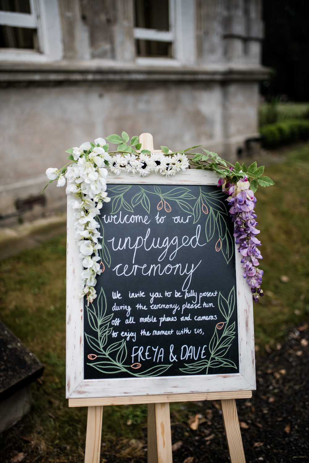 Welcome Sign Frame Chalk Black Board Flowers Calligraphy Unplugged Ceremony Cleatham Hall Wedding Kazooieloki Photography
