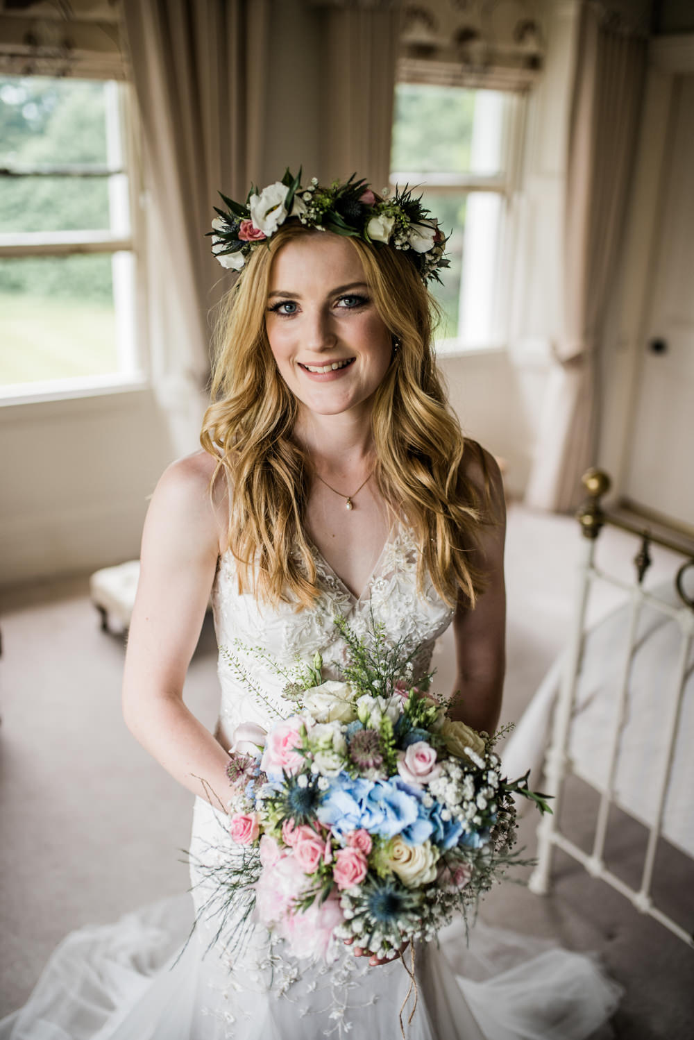 Bride Bridal Hair Long Waves Flower Crown Cleatham Hall Wedding Kazooieloki Photography