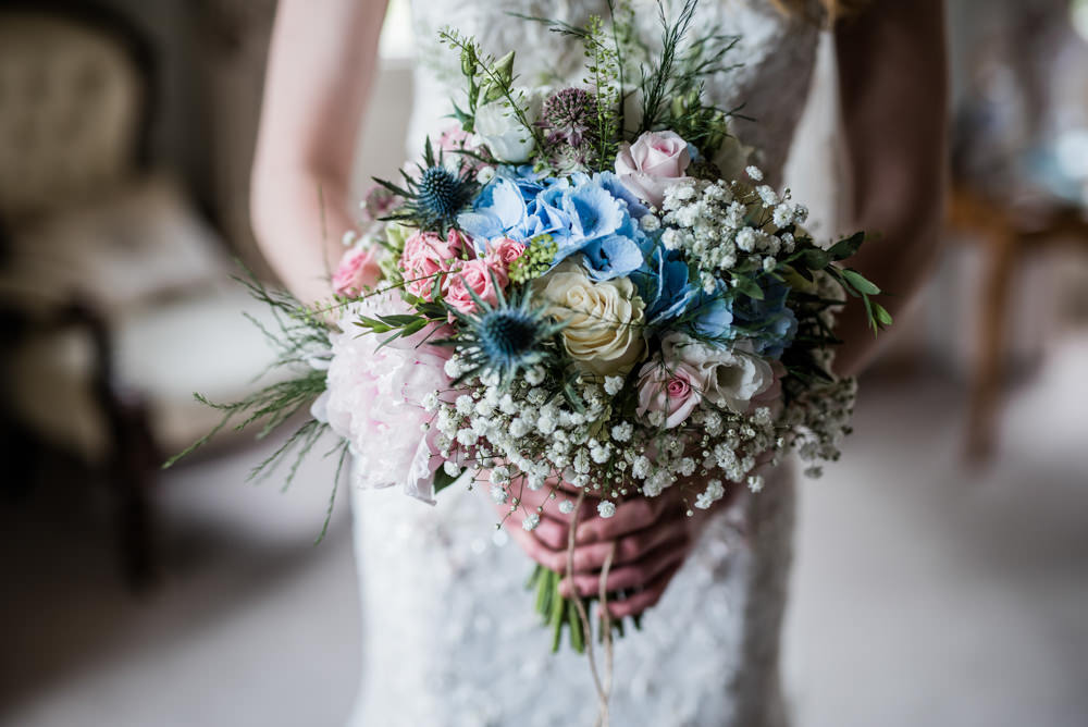 Bouquet Flowers Bride Bridal Pink Blue Rose Thistle Hydrangea Gypsophila Cleatham Hall Wedding Kazooieloki Photography