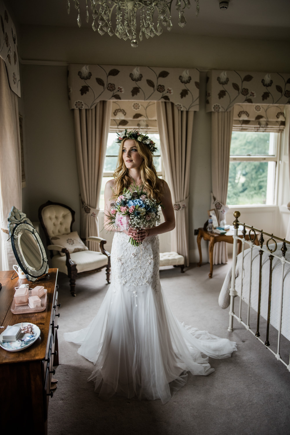Dress Gown Bride Bridal Tulle Floral Applique Train Straps Embeliished Cleatham Hall Wedding Kazooieloki Photography