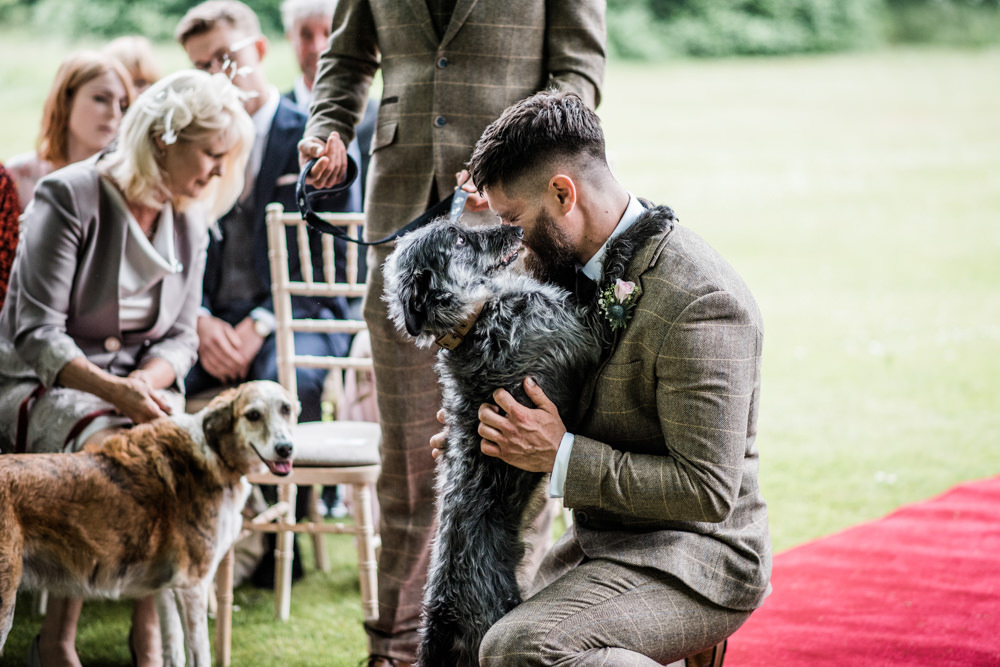 Groom Suit Groomsmen Tweed Green Brown Waistcoat Tie Dog Pet Cleatham Hall Wedding Kazooieloki Photography