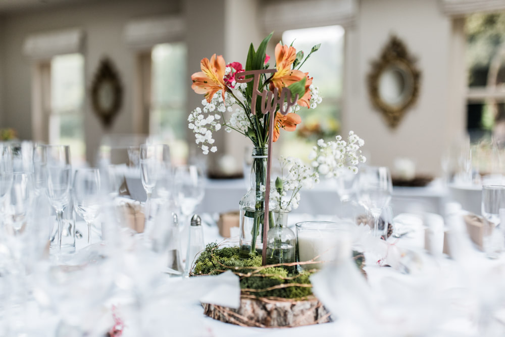 Centrepiece Flowers Log Slice Table Decor Colourful Cleatham Hall Wedding Kazooieloki Photography