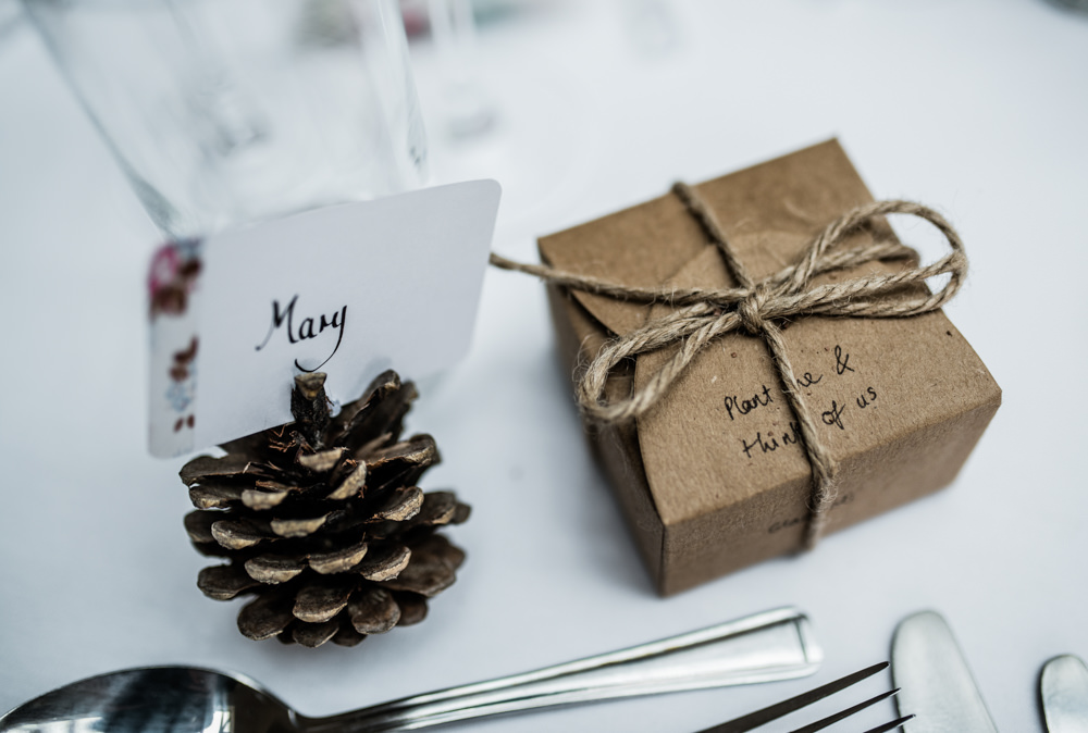 Pine Cone Place Name Table Decor Cleatham Hall Wedding Kazooieloki Photography