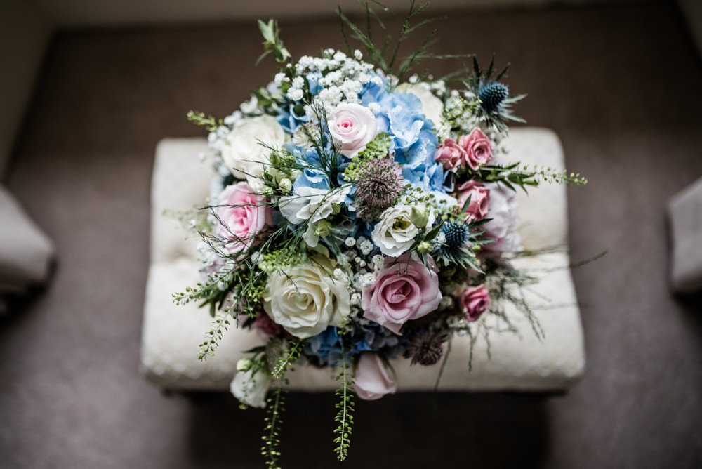 Bouquet Flowers Bride Bridal Pink Blue Rose Thistle Hydrangea Gypsophila Cleatham Hall Wedding Kazooieloki Photography