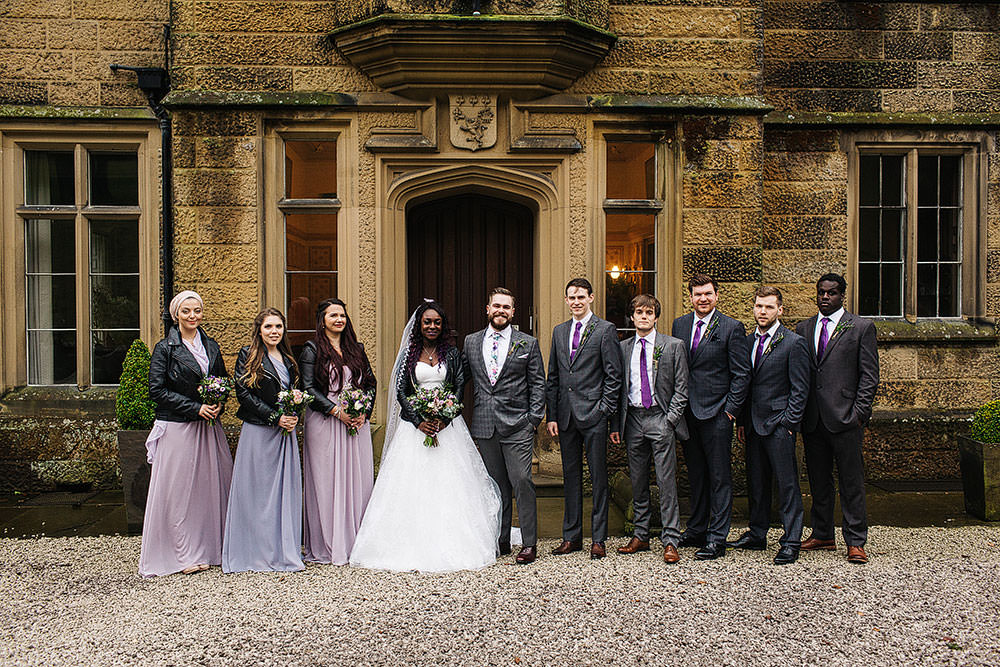Bride Bridal Sweetheart Neckline A Line Ted Baker Checked Groom Floral Tie Leather Jacket Purple Bridesmaids Cressbrook Hall Wedding Paul Joseph Photography