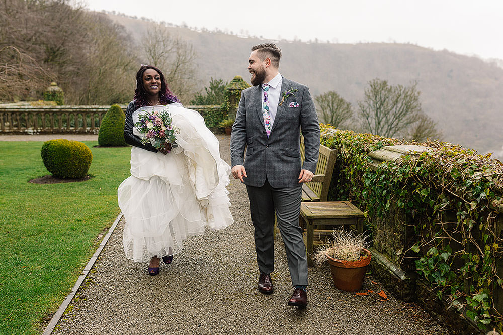 Bride Bridal Sweetheart Neckline A Line Ted Baker Checked Groom Floral Tie Leather Jacket Cressbrook Hall Wedding Paul Joseph Photography