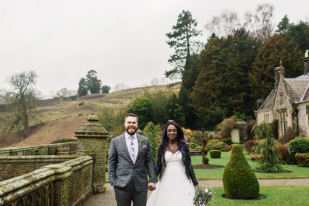 Bride Bridal Sweetheart Neckline A Line Ted Baker Checked Groom Floral Tie Leather Jacket Cressbrook Hall Wedding Paul Joseph Photography