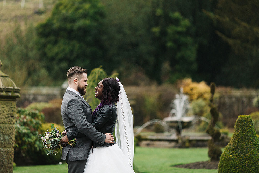 Bride Bridal Sweetheart Neckline A Line Ted Baker Checked Groom Floral Tie Leather Jacket Cressbrook Hall Wedding Paul Joseph Photography
